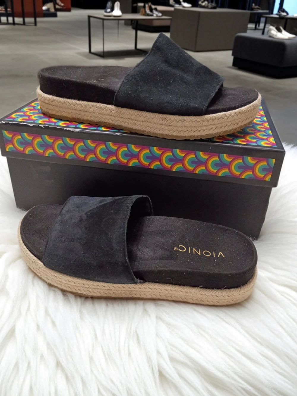 Vionic Vionic Yasmina Women's Sandals Black Suede Espadrille Slide Sandals 7M
